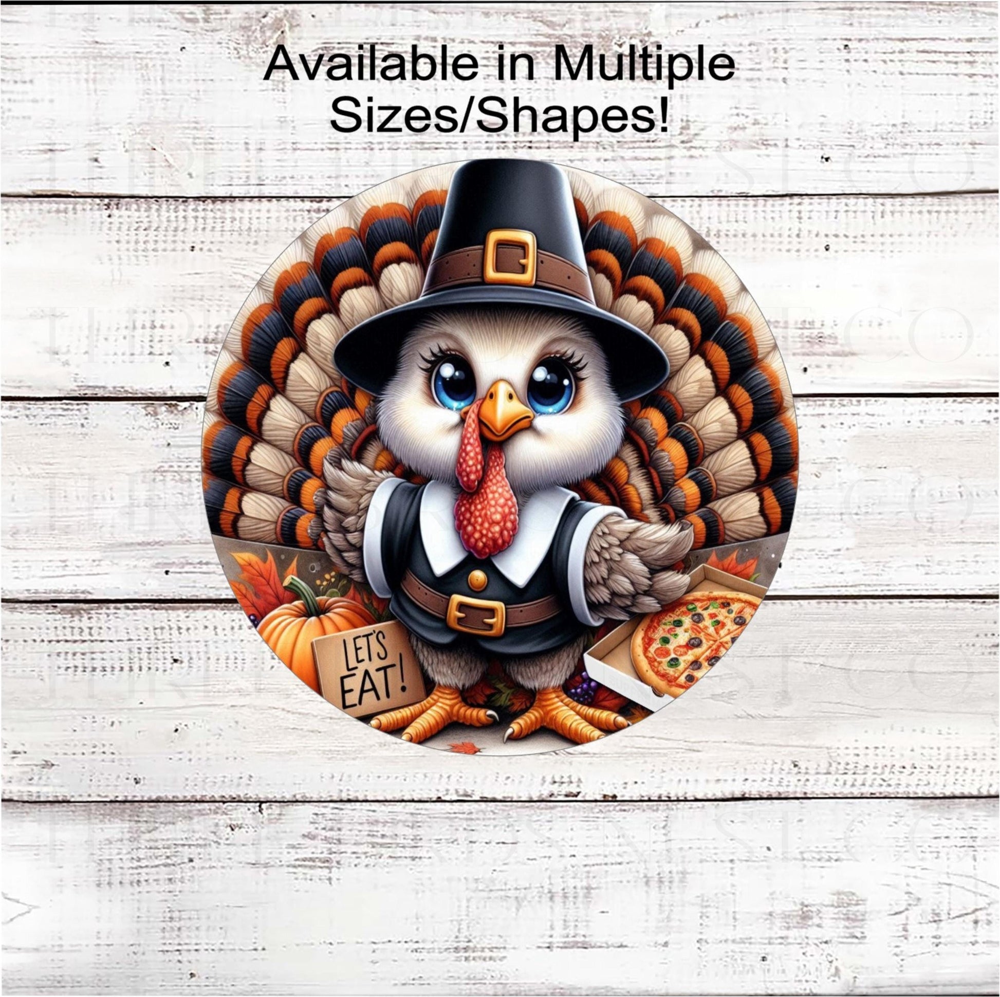An adorable Pilgrim Turkey ready to celebrate Thanksgiving with a pizza