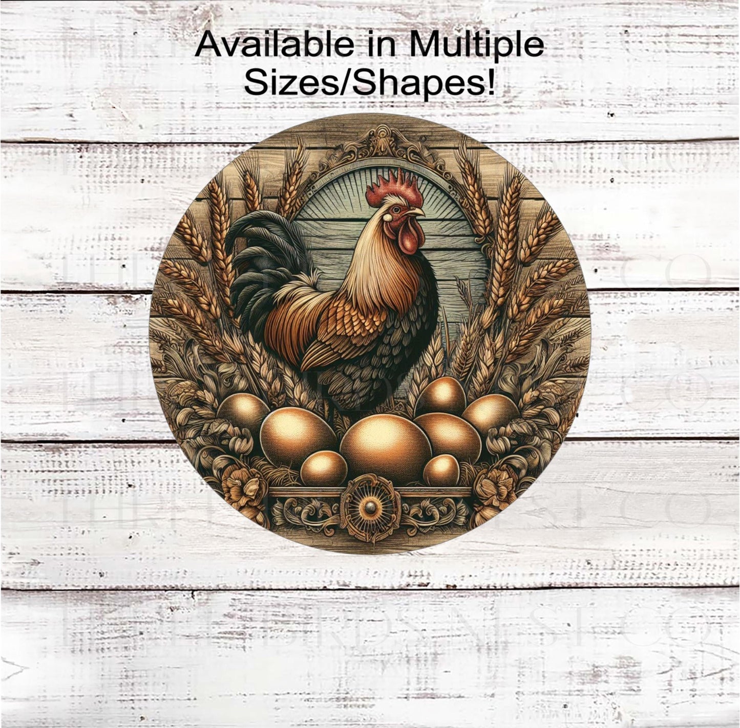 A beautiful rustic farmhouse style wreath sign with a vintage Rooster and eggs with wheat stalks.