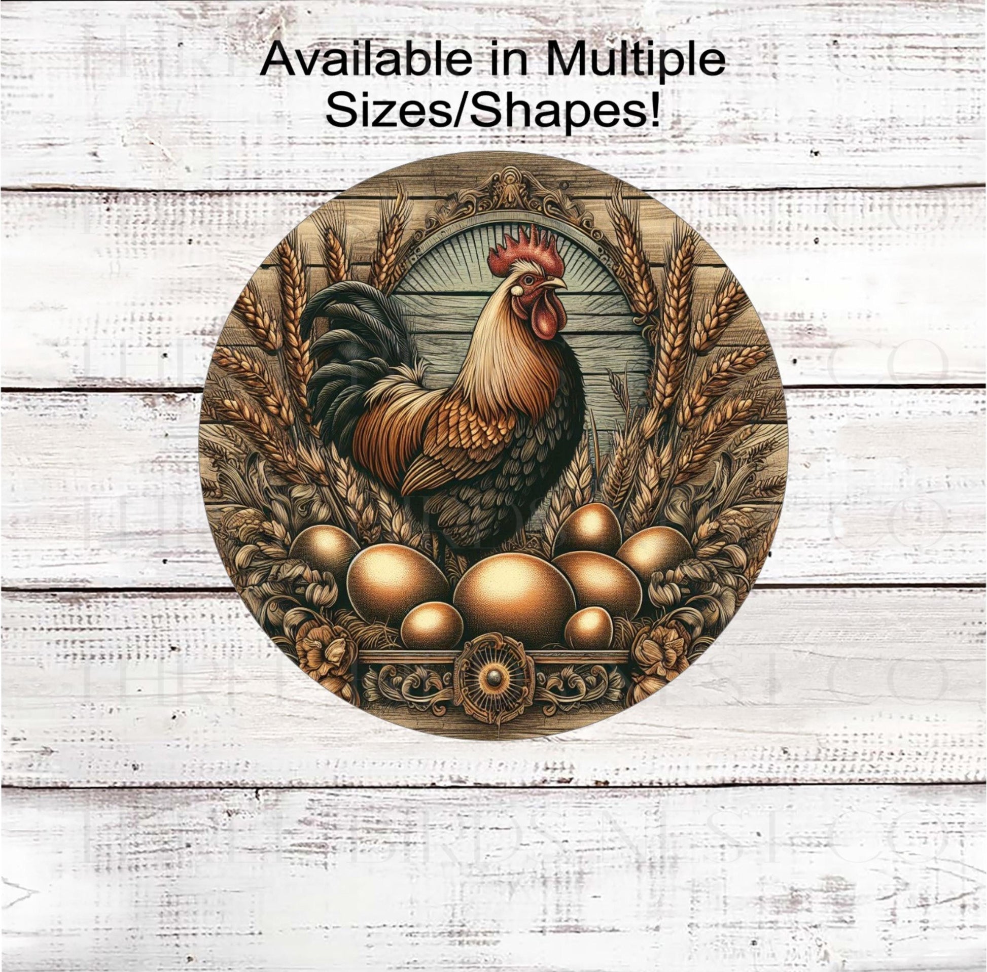 A beautiful rustic farmhouse style wreath sign with a vintage Rooster and eggs with wheat stalks.