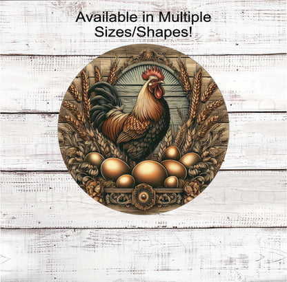 A beautiful rustic farmhouse style wreath sign with a vintage Rooster and eggs with wheat stalks.