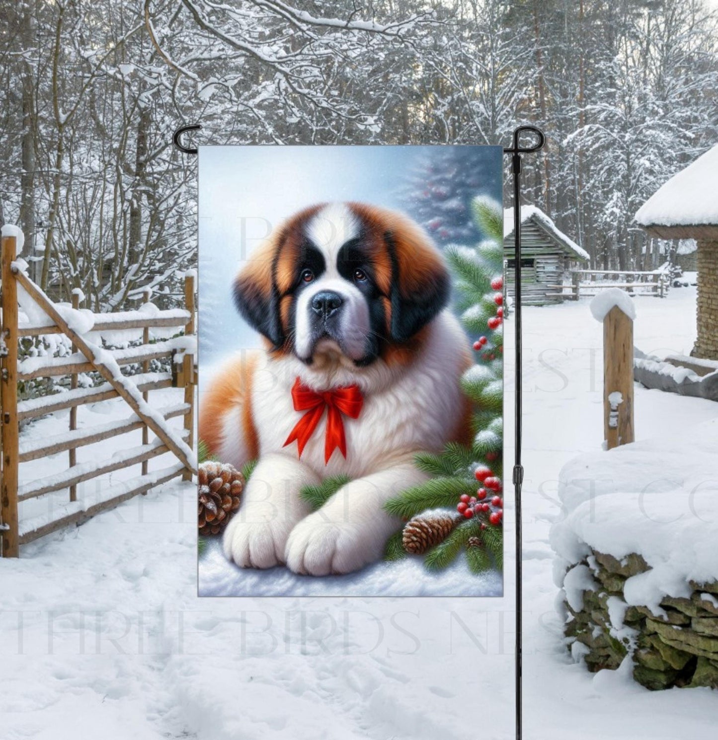 A beautiful Saint Bernard in a Winter setting with a festive bow on.