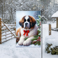 A beautiful Saint Bernard in a Winter setting with a festive bow on.