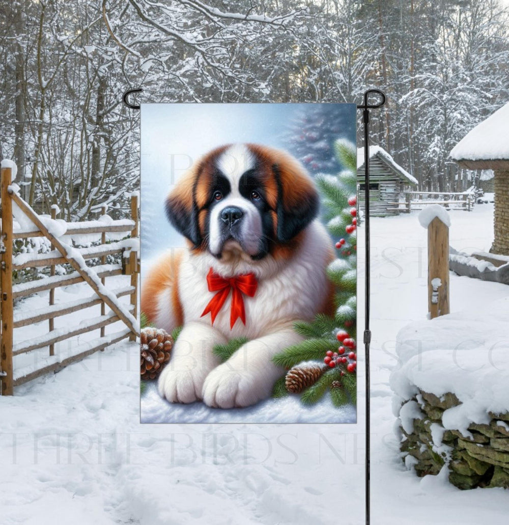 A beautiful Saint Bernard in a Winter setting with a festive bow on.