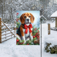 A beautiful Beagle dog in a Winter setting with a festive bow on.