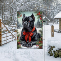 An adorable black Cane Corso Mastiff dog in a snowy Winter setting wearing a red bow.