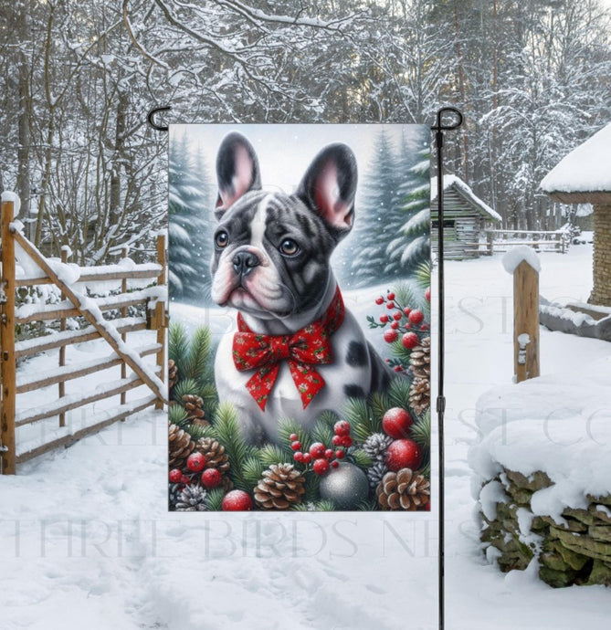 An adorable merle French Bulldog in a snowy Winter setting wearing a red bow.