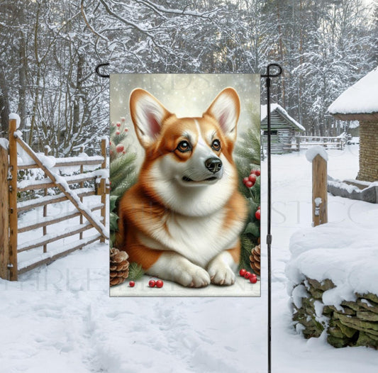 An adorable Corgi dog in a snowy Winter setting wearing a red bow.