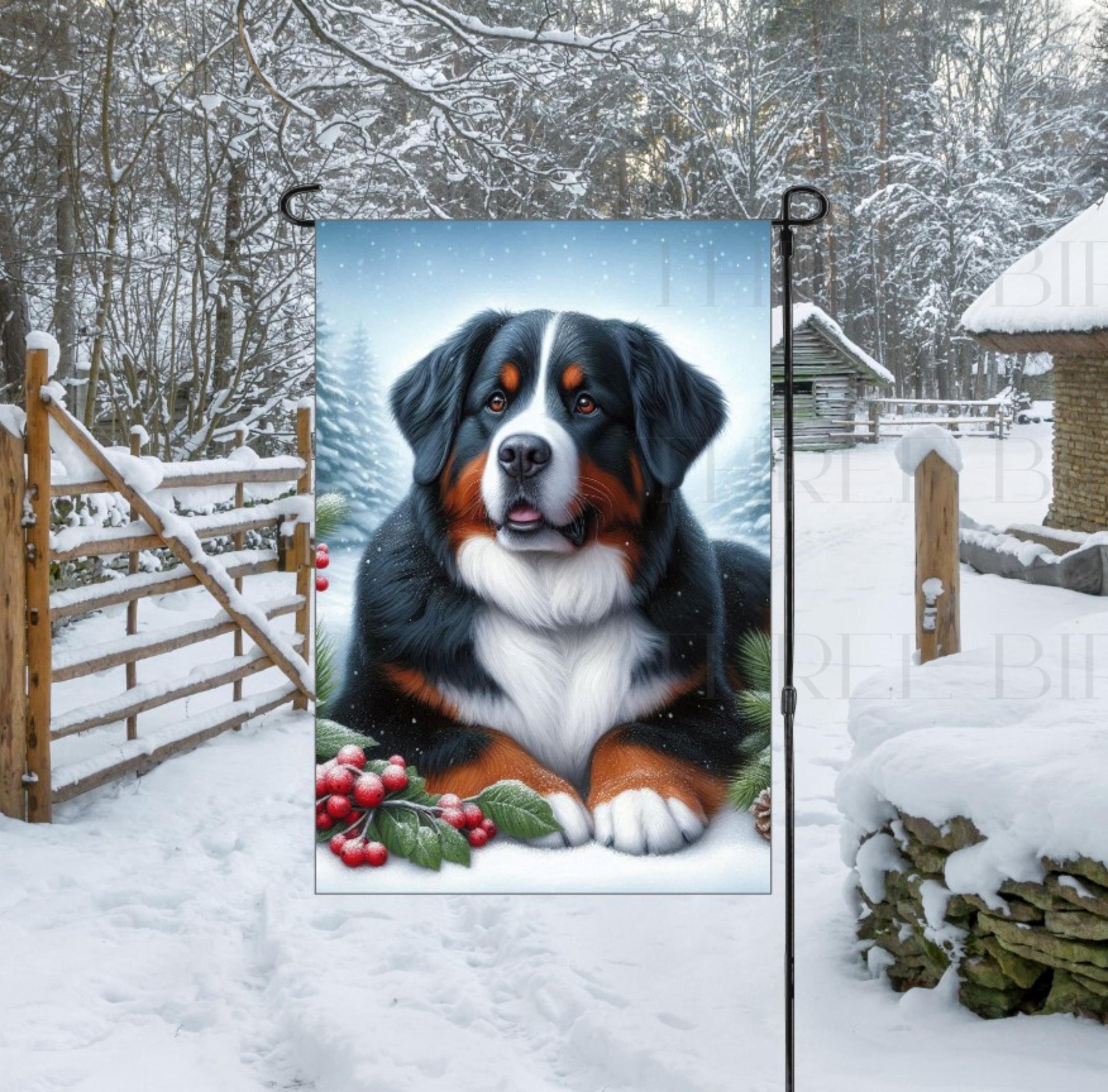 An adorable Bernese Mountain dog in a snowy Winter setting wearing a red bow.