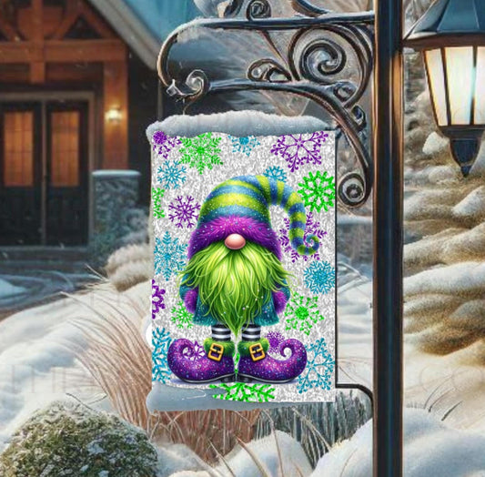 An adorable Gnome with snowflakes makes this Garden Flag perfect for you!