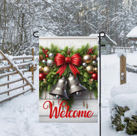 
              A beautiful Christmas Welcome Flag with Silver Bells and greenery with ornaments.
            