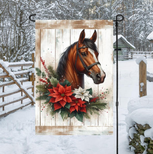 A beautiful brown horse with poinsettia flowers on a rustic wood background.