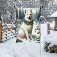 A white German Shepherd dog in a Winter Wonderland setting.