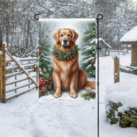 A beautiful Golden Retriever in a snowy Winter scene wearing a greenery and berries collar.