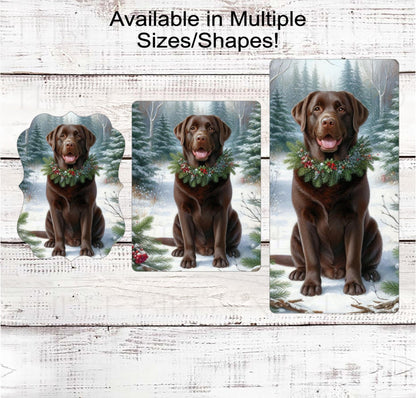 Christmas Dog Wreath Sign - Chocolate Labrador Retriever Dog - Winter Welcome Sign