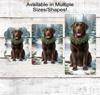 
              Christmas Dog Wreath Sign - Chocolate Labrador Retriever Dog - Winter Welcome Sign
            