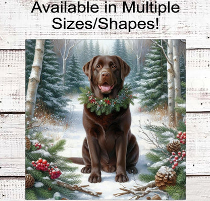 Christmas Dog Wreath Sign - Chocolate Labrador Retriever Dog - Winter Welcome Sign