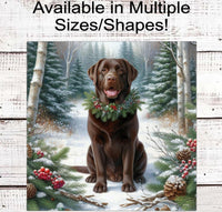 
              Christmas Dog Wreath Sign - Chocolate Labrador Retriever Dog - Winter Welcome Sign
            