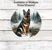 
              A beautiful black and tan German Shepherd dog in a festive collar in a winter woodland setting
            