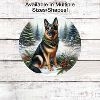 A beautiful black and tan German Shepherd dog in a festive collar in a winter woodland setting