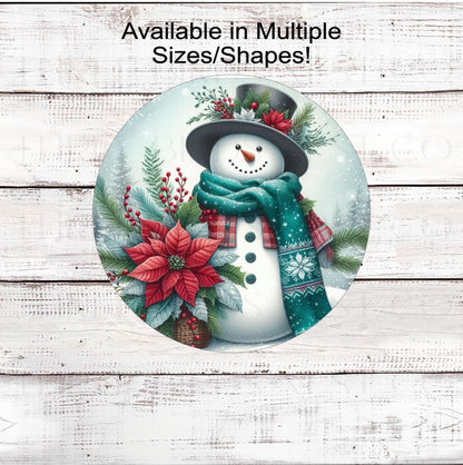 An adorable Snowman surrounded by poinsettias in a snowy woodland setting.