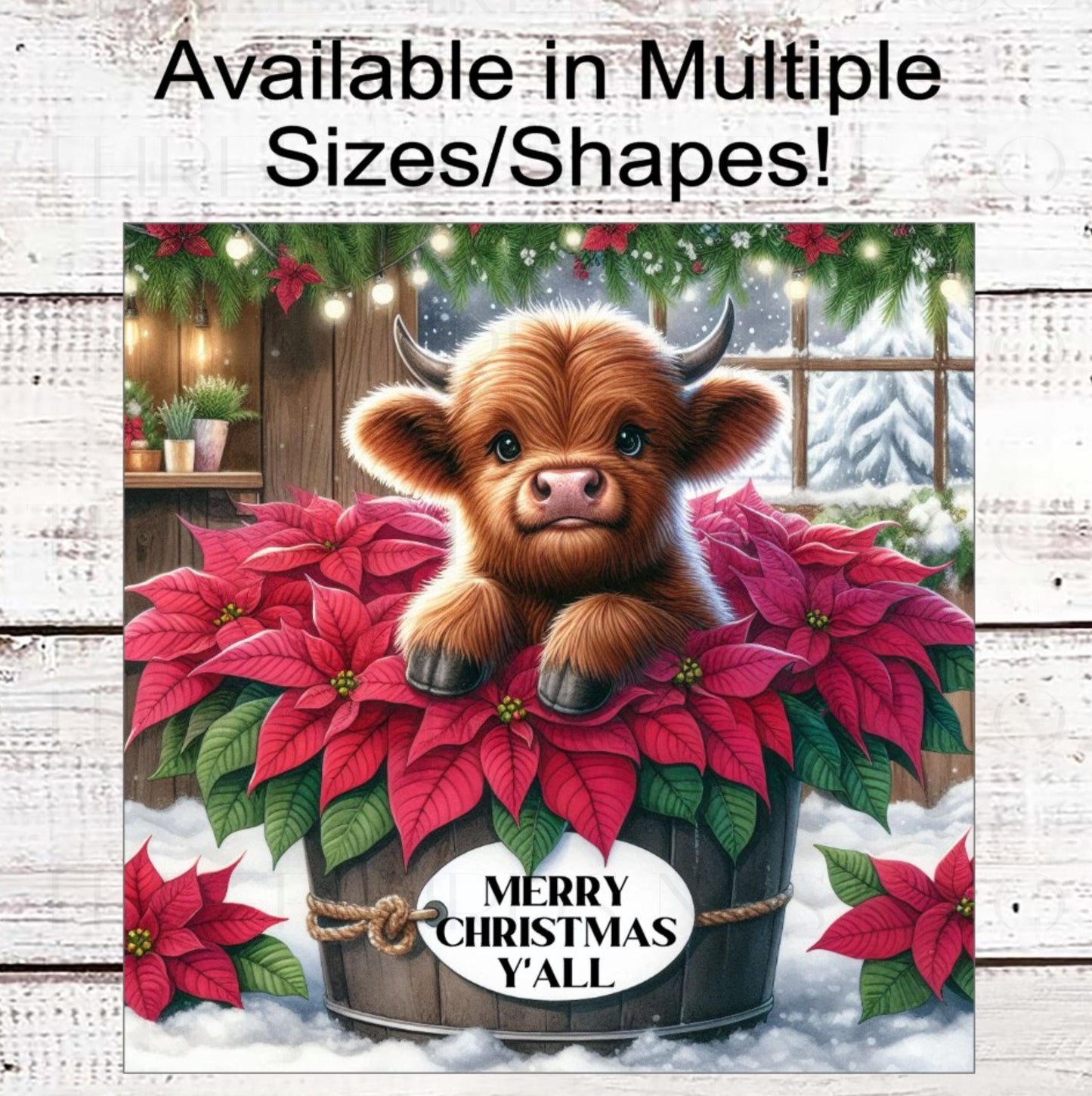 Merry Christmas Yall Wreath Sign - Baby Highland Calf Lover - Farmhouse Wreath Sign - Poinsettias - Floral Sign