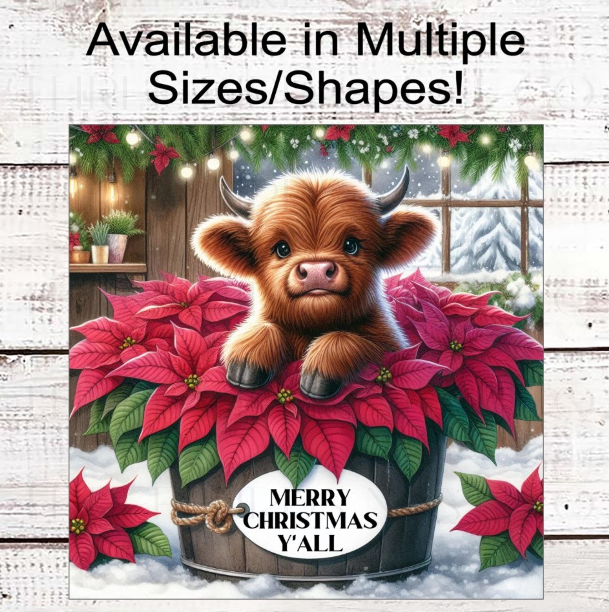 Merry Christmas Yall Wreath Sign - Baby Highland Calf Lover - Farmhouse Wreath Sign - Poinsettias - Floral Sign