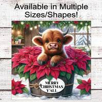 
              Merry Christmas Yall Wreath Sign - Baby Highland Calf Lover - Farmhouse Wreath Sign - Poinsettias - Floral Sign
            