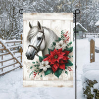 A beautiful Horse with Poinsettias on a rustic wood background.