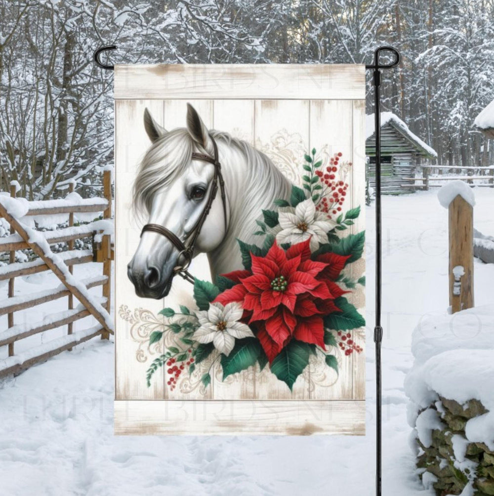 A beautiful Horse with Poinsettias on a rustic wood background.