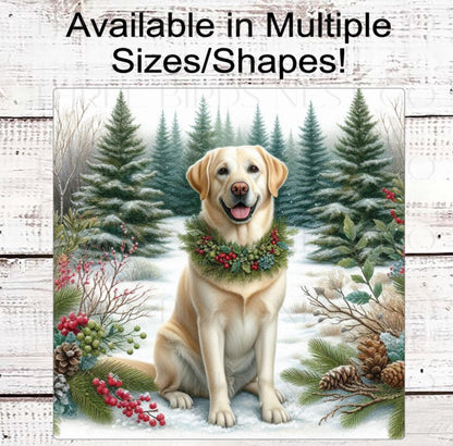 Christmas Dog Wreath Sign - Yellow Labrador Retriever Dog - Winter Welcome