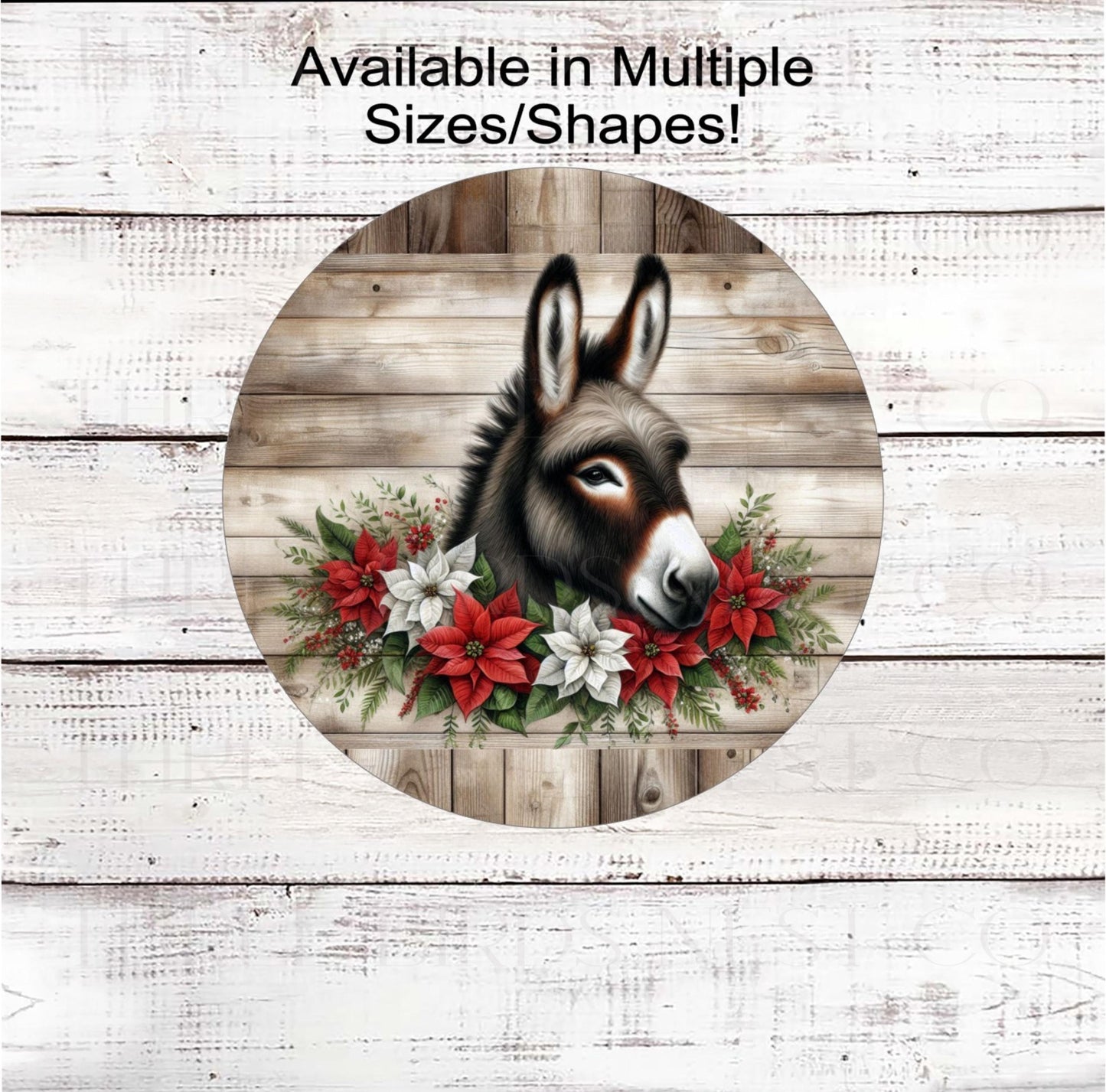 A gorgeous Rustic Farmhouse Christmas Wreath Sign with an adorable Donkey flanked by Poinsettias.