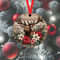 
              A Elk accented with red and white Poinsettia flowers on a wood look background.
            