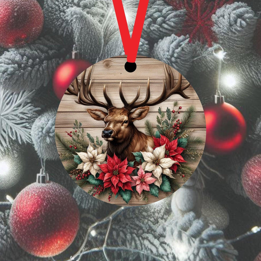 A Elk accented with red and white Poinsettia flowers on a wood look background.