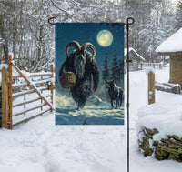 
              This spooky Garden Flag features Krampus under a full moon with a wolf at his side
            