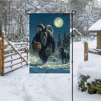 This spooky Garden Flag features Krampus under a full moon with a wolf at his side