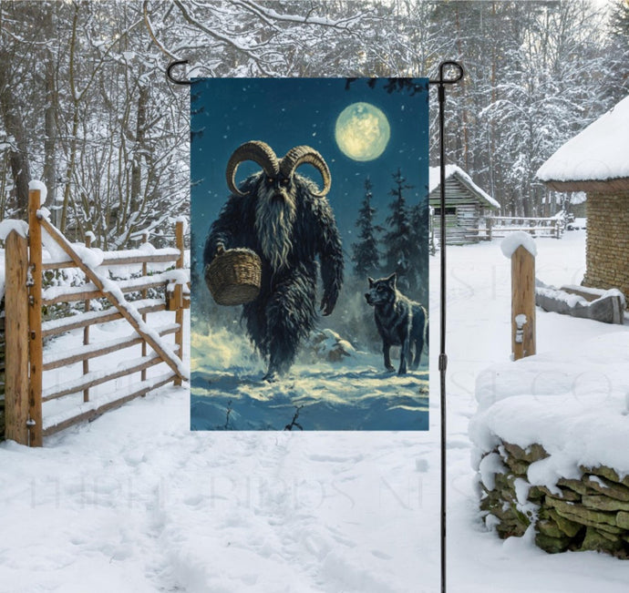 This spooky Garden Flag features Krampus under a full moon with a wolf at his side