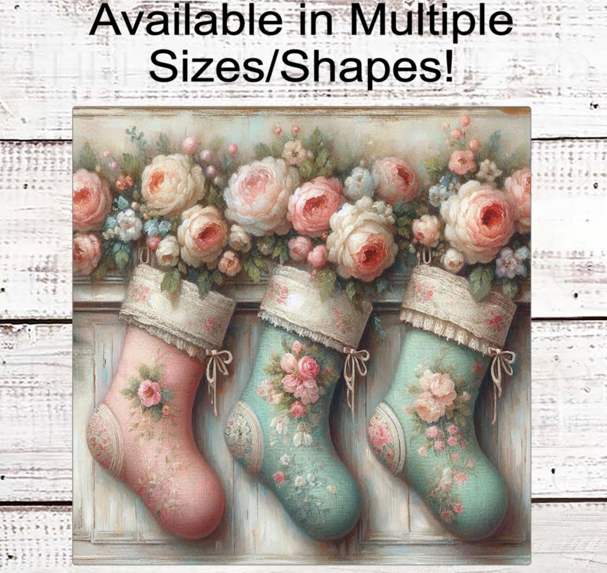 Christmas Wreath Signs - Pastel Stockings - Floral Decor - Roses and Peonies - Shabby Chic