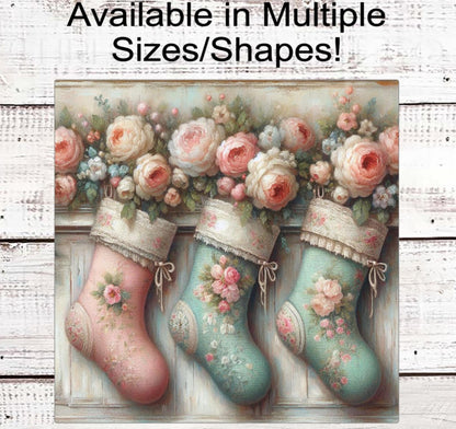 Christmas Wreath Signs - Pastel Stockings - Floral Decor - Roses and Peonies - Shabby Chic
