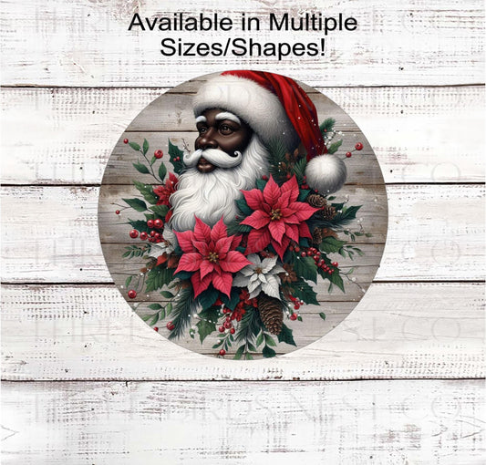 A beautiful African American Santa Claus accented with poinsettia and a dusting of snow.