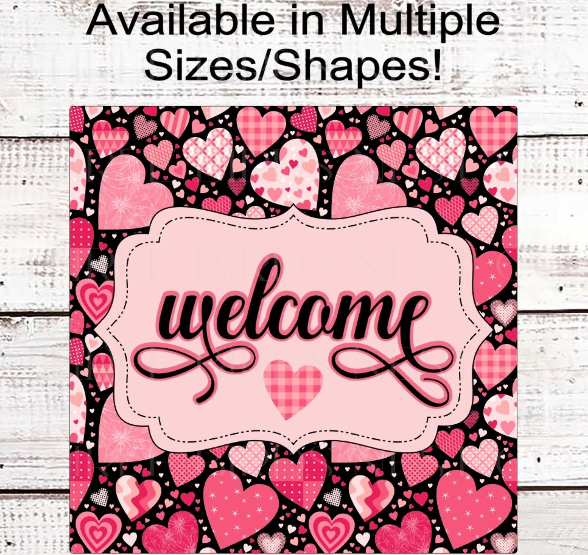 Valentines Day Sign - Patchwork Quilt Hearts - Love Welcome - Metal Wreath Sign