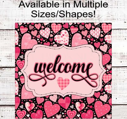 Valentines Day Sign - Patchwork Quilt Hearts - Love Welcome - Metal Wreath Sign