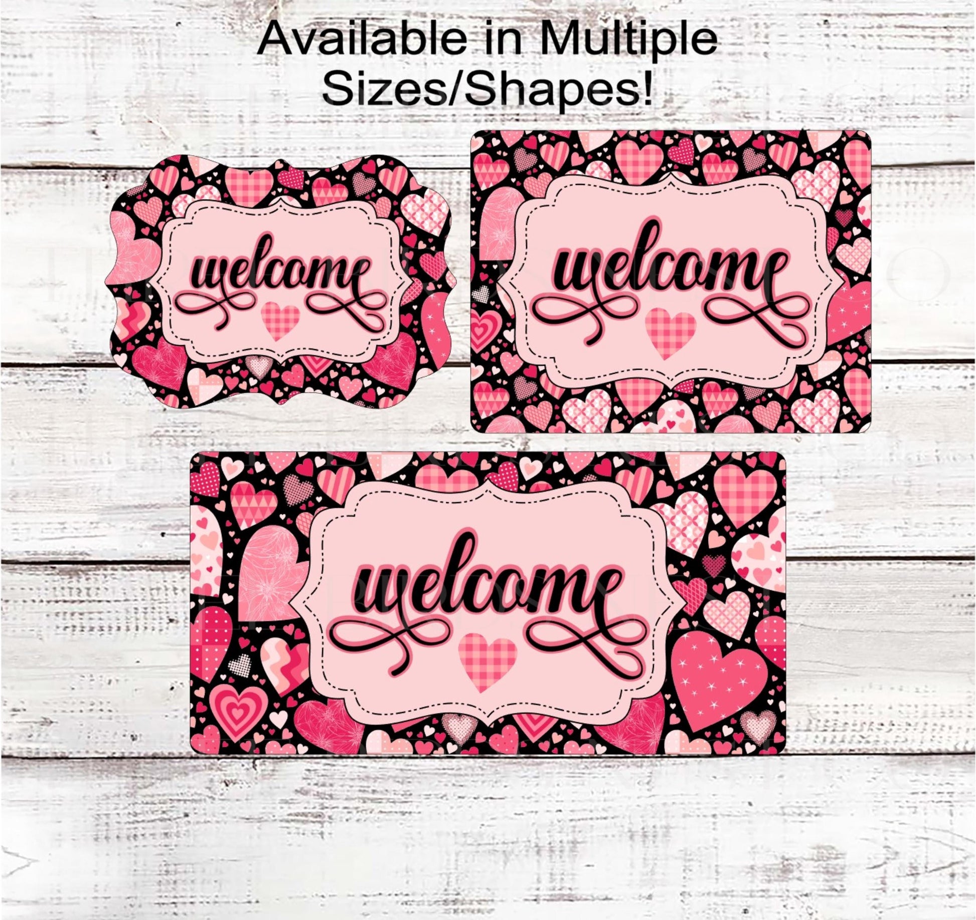 Valentines Day Sign - Patchwork Quilt Hearts - Love Welcome - Metal Wreath Sign