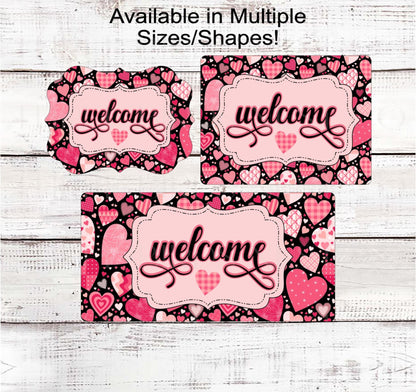 Valentines Day Sign - Patchwork Quilt Hearts - Love Welcome - Metal Wreath Sign