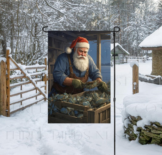 A beautiful Christmas Garden Flag featuring Santa Claus as a Waterman and his bounty of Blue Crabs.