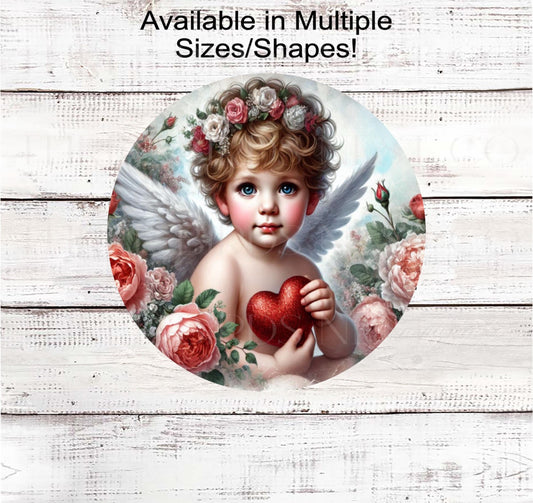 A Valentines Day sign featuring an adorable Cupid cherub angel with a red heart