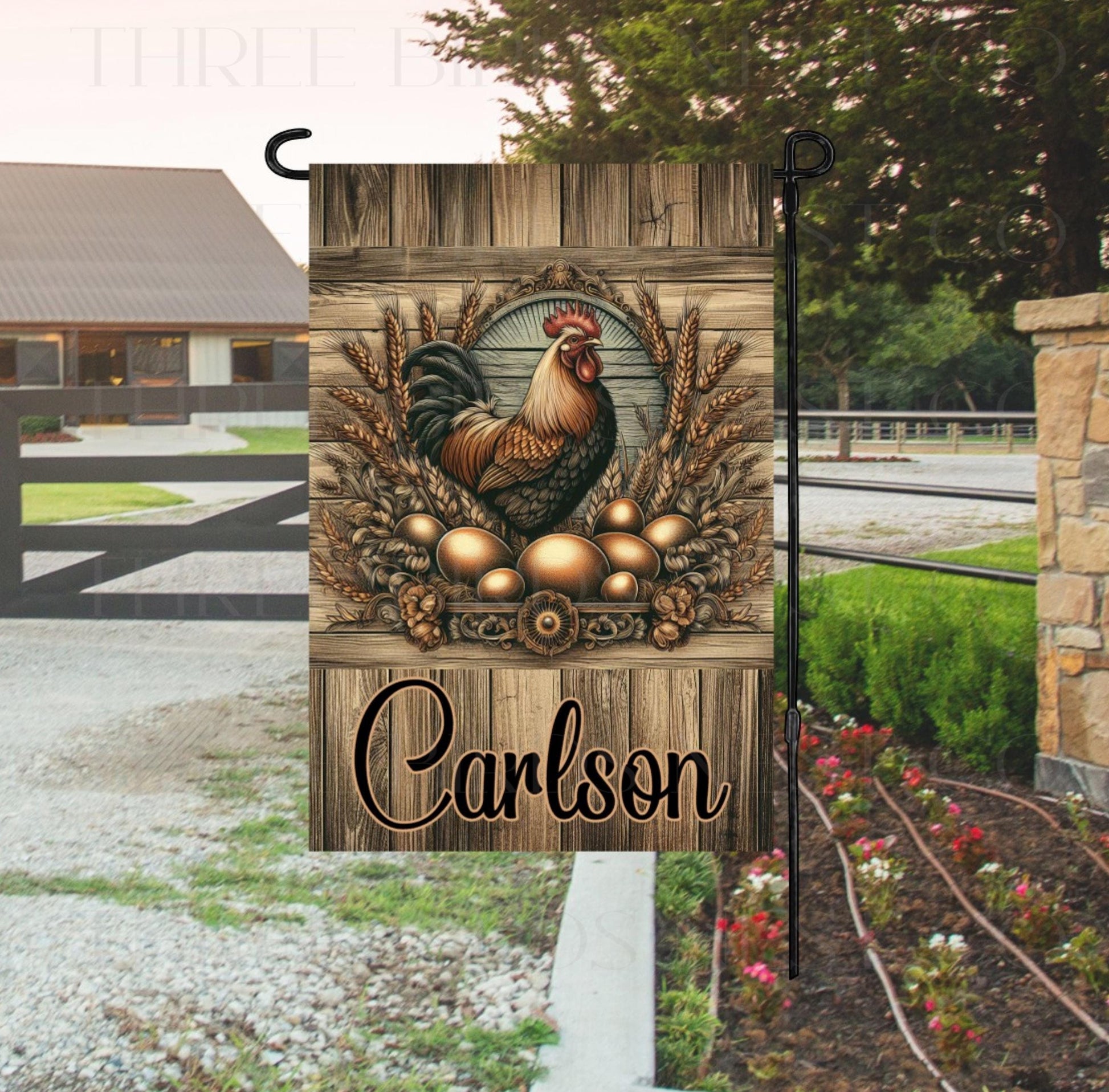 This beautiful Rustic Farmhouse Garden Flag features a beautiful Rooster with Eggs and can be customized with your family name or other message.