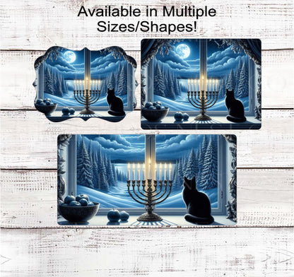Happy Hanukkah Wreath Sign - Menorah Candles - Cat Wreath Sign - Star of David