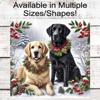 Christmas Dog Wreath Sign - Black Labrador Retriever Dog - Golden Retriever - Winter Welcome Sign