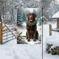 A chocolate Labrador Retriever in a Winter setting with a festive collar on.