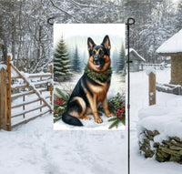 
              A black and tan German Sheherd dog in a Winter setting with a festive collar on.
            